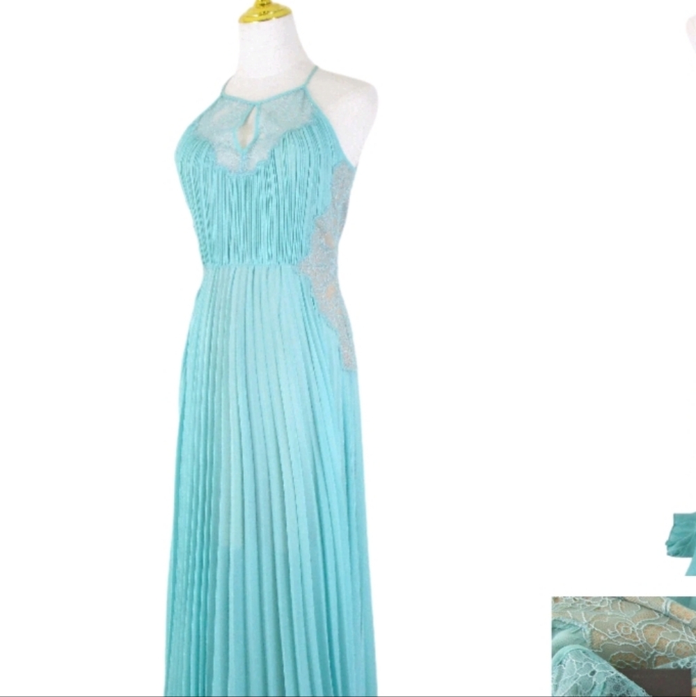 BCBG MAXAZRIA Aqua Lace Accordion Pleated Formal Dress Gown Size 0